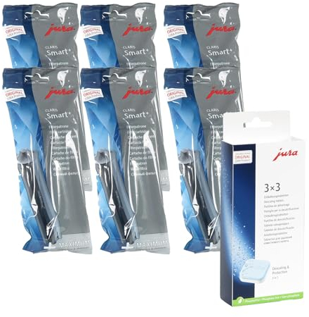 Reinigungs/Pflege-Set für Jura Vollautomaten, 6 x Jura Claris Smart+ Wasserfilterpatronen + 1 x 3er Entkalkungstabletten