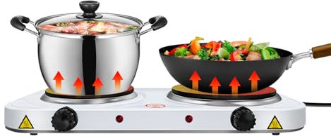 Electric Hot Plate with 5 Levels Separate Thermostat Control, 1000W & 1500W Double Camping Hob Burner Kitchen Electric Hot Plate Cooker, White Table-top Cooking [Energy Class A]