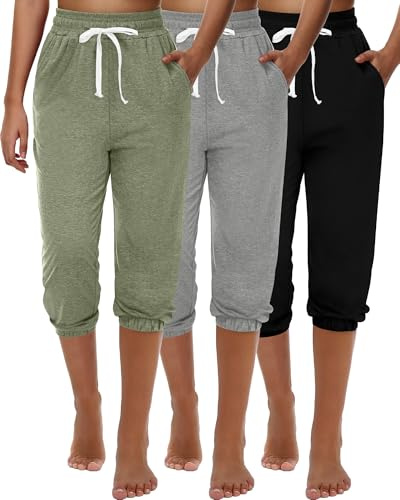 Ficerd 3 Pezzi Pantaloni della Tuta Capri da Donna Pantaloni da Jogging Estivi Casual Sportivi Cropped Pantaloni da Salotto a Vita Alta Sportivi con Tasche(Nero, Verde Fagiolo, Grigio Chiaro,Large)