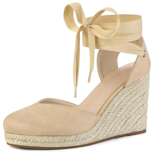 Allegra K Women's Closed Toe Espadrilles Wedges Tie Up Wedge Sandals | Platform Heels for Women, Lace Up Heeled, Comfortable Wedge for Women, 3 7/8 inches, Summer Dress Shoes Party