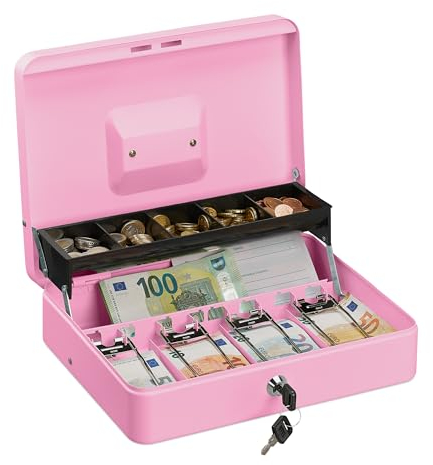Relaxdays Caja Dinero con Llave, Bandeja Monedas y 4 Espacios Billetes, Cajita Hierro, 8,5x30,5x24,5 cm, Rosa