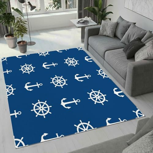 ROUSKI Maritime Teppich Wohnzimmer Schlafzimmer 3D Muster Design Anker Rouletterad Teppiche rutschfest Waschbarer Kurzflor Teppich Grösse 120x160 cm Flauschig Weich Soft Home Outdoor Carpet Matte