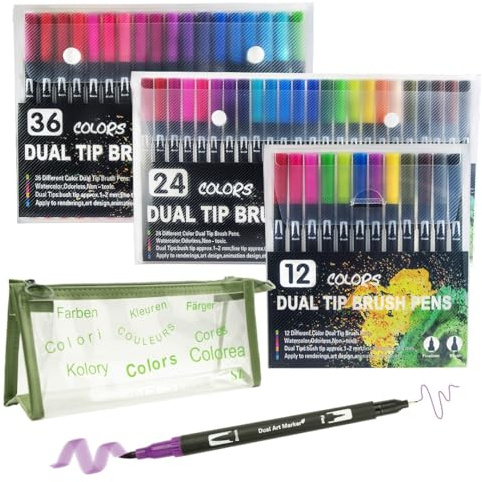 Material Escolar. Set Marcadores y Estuche Escolar. Rotuladores Acrilicos Doble Punta (Fina y Pincel) + Estuche Original y Resistente. Perfectos para Colegio, Manualidades y Escritura Creativa.(24)