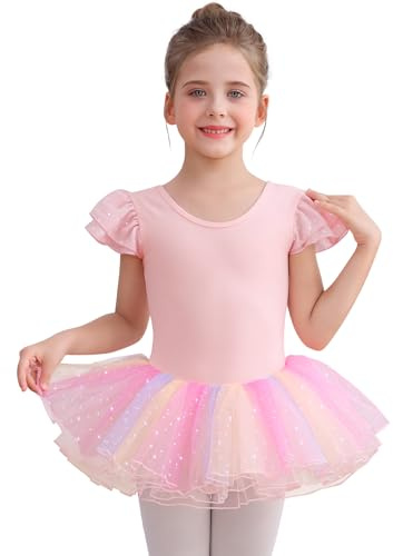 Comfyouth Girls Ballet Tutu Dress Kids Sparkly Dance Costumes Toddler Ballet Outfit Short Sleeve Cotton Ballet Leotard with Colourful Tutu Skirts 2-9 Years Pink
