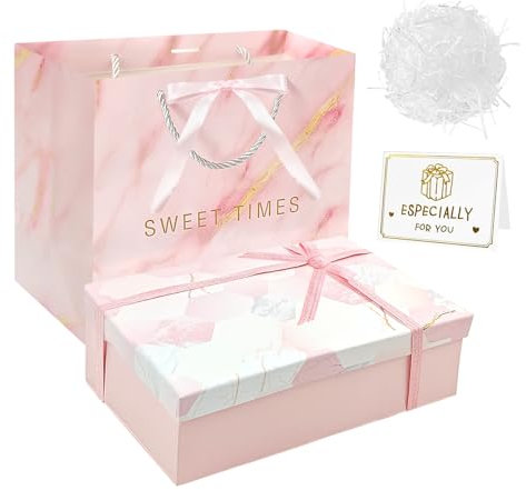 Rosa Geschenkkarton Mit Deckel, Mittel Geschenkbox Geburtstag 25 x 18 x 8.5cm, Geschenkverpackung Geburtstag mit Bänder und Karten, Geschenkbox Mit Deckel für Geburtstage, Feiertage und Jubiläen