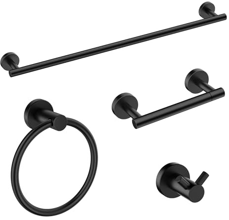 FORIOUS Bathroom Hardware Accessories Set, SUS304 Stainless Steel Towel Bar Set, Modern Towel Racks Holder for Bathroom, Toilet Paper Holder Wall Mounted 4 Pieces(24 Bar, Matte Black)