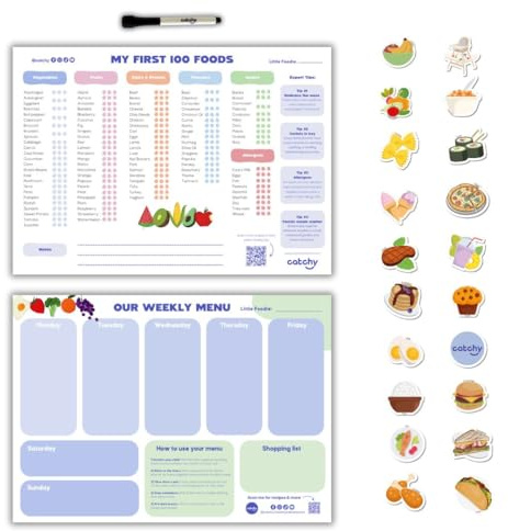 CATCHY - Min första 100 Foods Tracker + vårt veckomenyset - 1 checklista för magnetisk whiteboard, 1 matplanerare, 20 kylskåpsmagneter + 1 markör - för att introducera fasta ämnen och veckoplanering