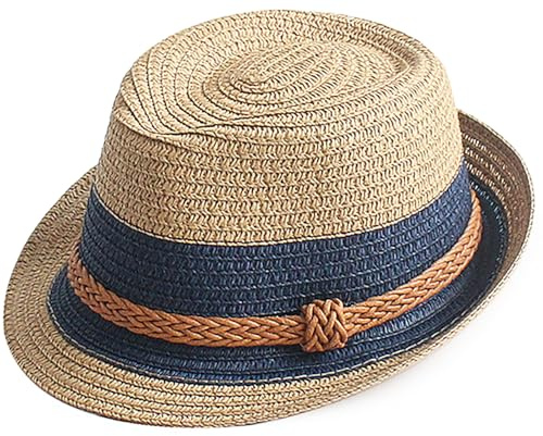 MESU Kids Boys Summer Straw Hat Jazz Panama Trilby Fedora Beach Cap Khaki