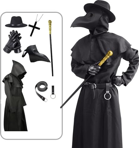 OEBLD Halloween Costume Compatible for Plague Doctors with Bird Beak Mask, Black Cloak Robe with Hood