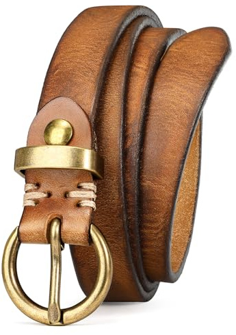 VONMELLI Cintura in pelle da donna in vero cuoio per jeans, stile vintage, cintura sottile da donna, fibbia dorata, cintura da donna stretta per la vita, marrone, Passend für Taillenumfang 92-107cm