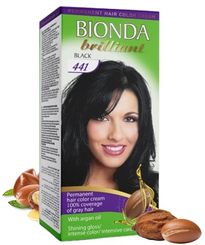 Bionda Brilliant Permanent Hair Colour & Colouration 441 Black 100 ml - 100% Grey Hair Coverage, with Argan Oil, Nourishing Oil Formula, Intense Colour Shine, Roots & Full Lengths