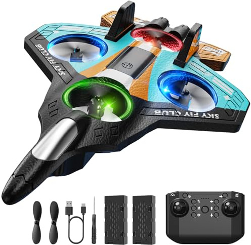 DEERC Aereo radiocomandato in schiuma per bambini con mantenimento dell'altitudine, figure acrobatiche 3D e luci LED, 2 batterie incluse, ideale per principianti (blu/arancione)