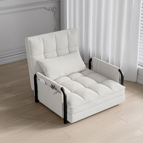 Bäddsoffa konverterbar, hopfällbar soffa med 5 stegs justerbart ryggstöd, bäddsoffa med 2 sidofickor, liten bäddsoffa, golvsoffa med sovfunktion, för vardagsrum, sovrum (beige vit)
