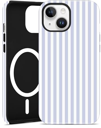Jusy magnetiskt randigt fodral för iPhone 13/14, blå | Aesthetic Striped sommarmönster mobilskal, kompatibel med MagSafe, tvåskikts stötdämpning
