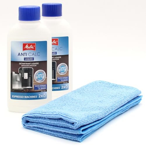 2 Avkalkningsmedel för Espressomaskiner, Helautomatiska Kaffemaskiner + Mikrofiberduk kompatibel med Melitta Anti Calc Liquid, 2x 250 ml Flaska med Flytande Avkalkningsmedel - Tillbehör
