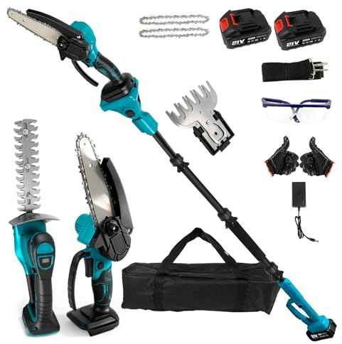 Podadora de setos inalámbrica 6 en 1 con batería, podadora de Altura, Mini Motosierra, cortacésped con pértiga Extensible, 2 baterías de 4000 mAh para el Cuidado del jardín y la tala de árboles