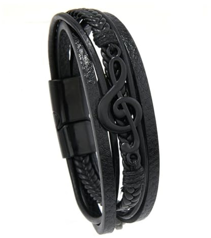 EMEMcharm EMEM Läderarmband för män i flera lager flätat med musiknot för musiker och musikälskare 21 cm GM311
