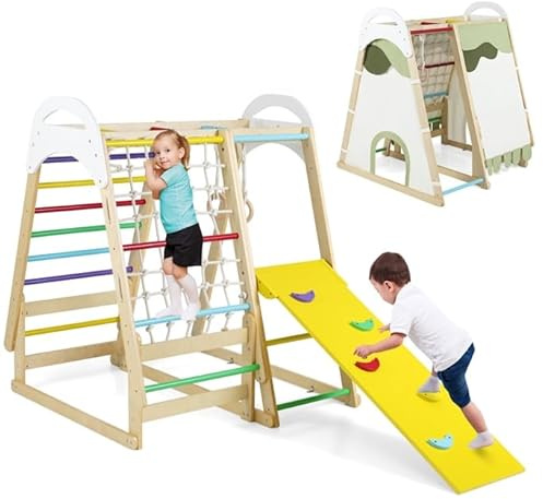 COSTWAY 6 en 1 Triángulo de Escalada Infantil, Parque Infantil Interior para Niños, Conjunto de Juguetes de Escalada de Madera con Tobogán, Gimnasio de Interior para Niños de 1+ Año (Multicolor)