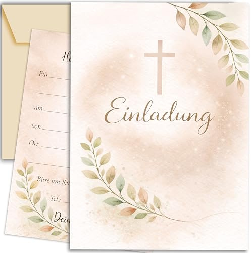 E & G Klass 10 inbjudningskort med kuvert inbjudan kort dubbelsidigt tryckt elegant kors enkel delikat akvarell för dop nattvardsgång konfirmation beige blad flickor och pojkar