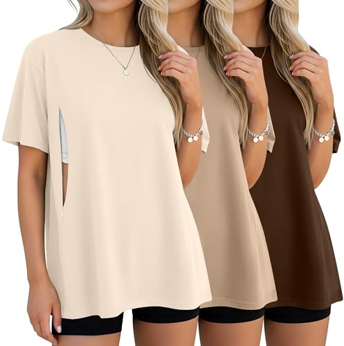 Xuniea 3 Pack Women's Oversize Nursing Breastfeeding Shirts Hidden Zipper Short Sleeve Loose Fit Maternity Tops(Medium,Cream, Khaki, Dark Brown)