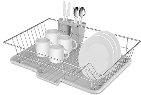 Scolapiatti in Acciaio Inossidabile, Scolapiatti da Lavello con Sgocciola e Porta Posate, Scolapiatti da Appoggio per Lavello, Scolapiatti per Bancone da 48 x 30 x 11 cm