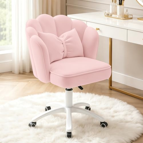 HDHNBA Vanity Chair Velvet Petal Desk Chair Upholstered Modern Tufted Home Office Chair with Back,Height Adjustable Computer Task Chair for Bedroom Living Room(Pink)