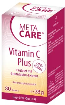 META CARE Vitamin C Plus – Magenschonend – Liposomal – Auch für sensible Personen gut verträglich – Ergänzt mit Cistuskraut-Extrakt, Granatapfel-Extrakt und Acerola – Vegan – 30 Kapseln