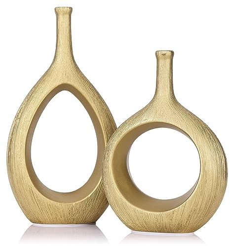 LCCCK - Juego de 2 jarrones de cerámica Dorados Mate - Jarrón Decorativo estético Acanalado y Hueco, Pieza Central Moderna de Estilo Granja para la Mesa, jarrones Dorados Boho para decoración de