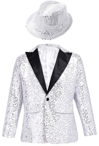 Veste Paillettes Enfant Garcon Manches Longues Et Chapeau Tenue Danse Moderne Jazz Hip Hop Sequins Costume Mariage Cocktail Cérémonie Spectacle Carvanal Argenté 7-8 Ans