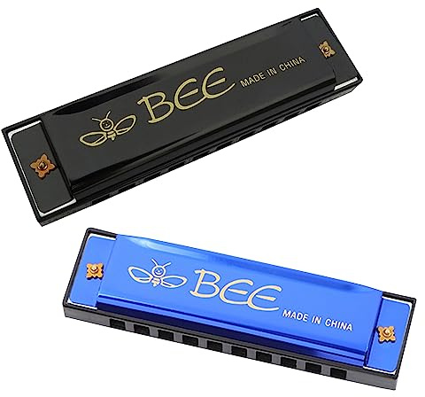 2pcs 10 Hole Harmonica, Stainless Steel Mini Harmonica, 10 Hole Blues Harmonica, Diatonic C Major Harmonica, for Students, Adults, Professionals (Black, Blue)