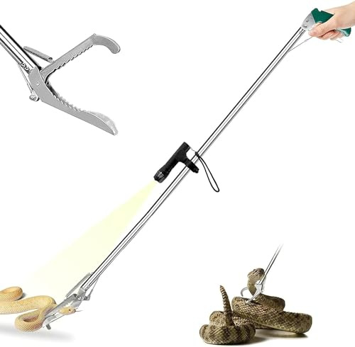 IC ICLOVER 60 Extra Long Snake Tongs, with Flashlight for Night Using, Heavy Duty Reptile Grabber Tool Rattle Snake Catcher, Professional Wide Jaw Snake Handling Tools with Lock, Non-Slip Grip Handle