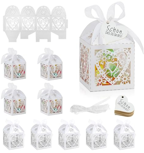 LALAGO 50 Stück Hochzeit Geschenkbox Süßigkeiten Box Gastgeschenke Kleine Geschenkboxen Schachtel mit Farbband Bonboniere Kasten für Gäste für Hochzeit Hochzeitstag Kinder Taufe Party (Weiß)