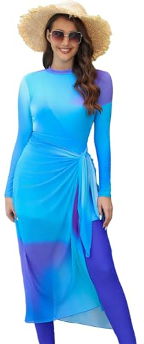 Womens Muslim Swimsuits Long Sleeve Tie Dye Top Swim Pants with Long Sarong Cover up Wrap Skirt Full Coverage Swimwear Modest Islamic Ladies Swimming Beachwear Burkini Bathing Suit Blue 4PCS Medium