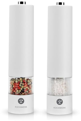 2er Set Elektrische Salz- & Pfeffermühle mit Licht Keramikmahlwerk Salzmühle Gewürzmühle (Weiß)