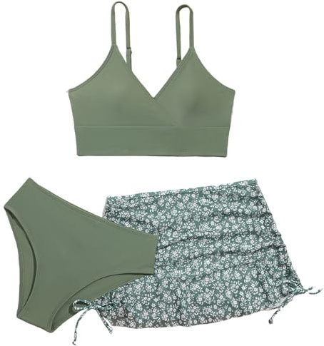 Momkonzz Girls Swimming Costume Kids Swimsuits Bikini Set 3 Piece Bathing Suits Teen Flower Bikini Strap Set with Skirt Cover Up Surfing Beach Swimwear Green 11-12 Years