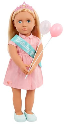 Our Generation - Brenna - 18-Inch Birthday Doll & Accessories - Lifelike Blue Eyes & Dark-Blonde Hair - Party Dress, Sash & Balloons - Pretend Play - Toy for Kids 3 Years +