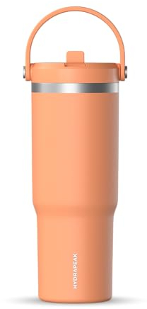Hydrapeak Nomad Trinkbecher mit Griff und Strohhalm-Deckel, auslaufsicher, doppelt isoliert, 950 ml, Edelstahl, Orange (Apricot Crush)