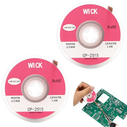 Confezione da 2 Treccia di Rame con Flussante No Clean, Treccia di Dissaldatura di Alta Qualità, Filo Dissaldante in Rame Puro per Riparazioni PCB, 2,5mm di Larghezza, 1,5m di Lunghezza