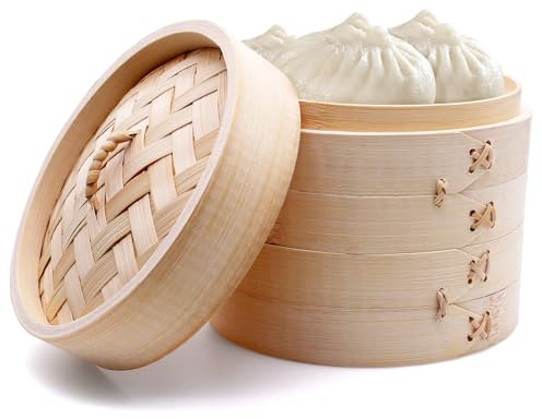 PWGHWG Cocina al vapor de bambú de 2 niveles con tapa, 15 cm, de bambú, con 2 alfombrillas de silicona para albóndigas, arroz, dim sum, verduras, carne