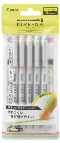 PILOT KIRE-NA Highlighter Set, Basic 5 Colors, Chisel and Fine Tip, Quick-Dry Pigment Ink, SKIW-1-5C1