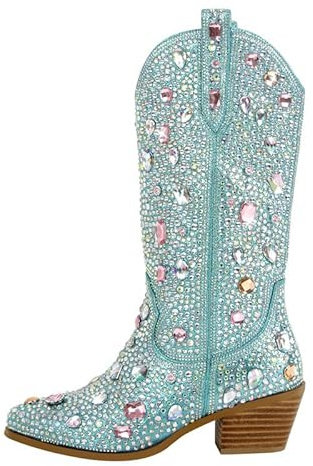 blingqueen Rhinestone Boots Western Green Cowboy Boots with Zippers Crystals Mid Calf Boots for Women Diamond Block Heel Studded Diamante Cowgirl Boots Sparkly Wide Calf Boots Size 4