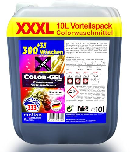 VERY® Color Waschmittel Flüssig Gel [10L KANISTER] - Flüssigwaschmittel für Bunte, Dunkle & Schwarze Wäsche - Buntwaschmittel XXL mit Frischeduft - Vollwaschmittel - Colorwaschmittel (20-60°C)