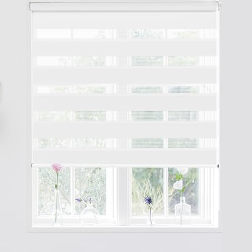 Kokorona Store enrouleur zébré jour et nuit - Double couche en tissu pour chambre à coucher - Filtre la lumière - Store de jour et de nuit - 90 cm de large x 150 cm de long - Blanc