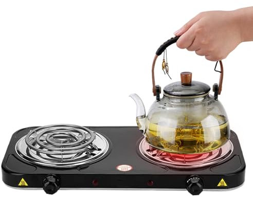 Quemador de doble bobina, placa calefactora eléctrica, estufa de camping eléctrica portátil, pequeño quemador de carbón para cocina al aire libre, picnic, autocaravanas, fiestas, barbacoas.