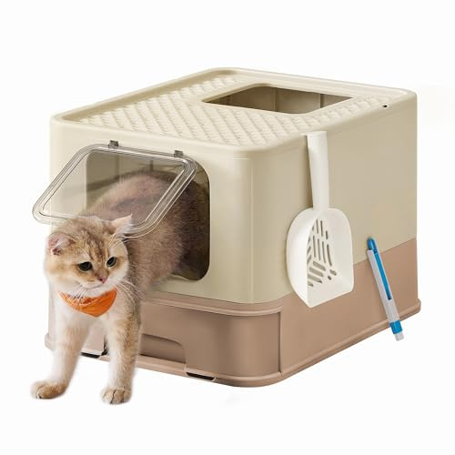 Feandrea Bac à Litière Fermé pour Chat, Maison de Toilette, Plateau Amovible, Pelle, Brosse, pour Grand Chat, Capacité 15 kg, Anti-Traces, Anti-fuites, Beige Sable et Marron Camel PPT001LJ02