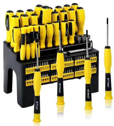 VOBOR Set Cacciaviti Professionali, 100 Pezzi Set Attrezzi da Lavoro, Cacciaviti a Testa Piatta e Phillips, Set cacciavite Elettricista per DIY, Occhiali, Casa (Giallo)