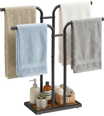 HOOBRO Free Standing Towel Rail, 4 Hanging Rods and 2 Tier Towel Storage Shelf, Towel Stand for Bathroom, Laundry Room, Bedroom, Black and Rustic Brown EBF14LB01