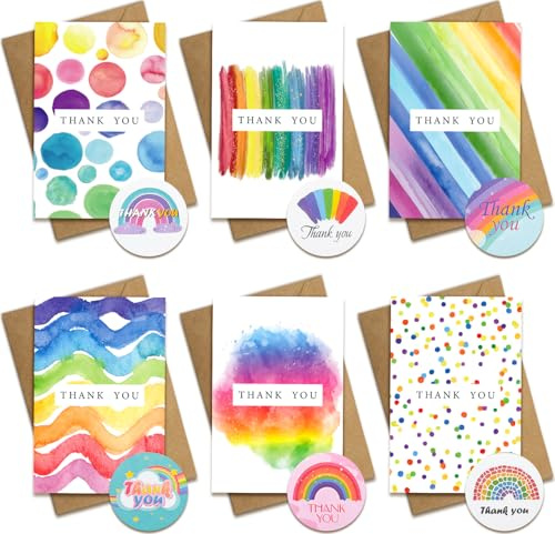 Hierein Thank You Cards, 6 Watercolour Designs Thank You Cards Multipack with Envelopes and Matching Stickers, 12 Pack Blank Inside Card for Birthday, Wedding, Baby Shower, Graduation-GX0001