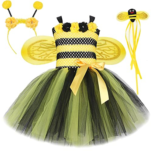 Générique Robe Princesse Tutu pour Filles Déguisement Abeille Floral Printemps Été Costume Accessoire Enfant Bébé (Yellow, 4-5 Years)