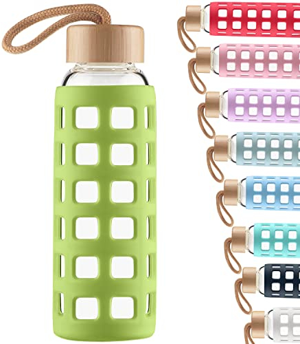 Cleesmil Sports Glass Water Bottle with Silicone Sleeve with Bamboo Lid BPA Free 360 ml (Grass green)